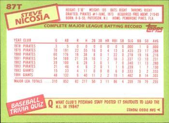 1985 Topps Traded - Limited Edition (Tiffany) #87T Steve Nicosia Back