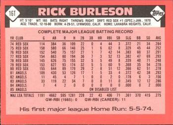 1986 Topps Traded - Limited Edition (Tiffany) #16T Rick Burleson Back
