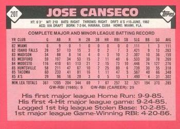 1986 Topps Traded - Limited Edition (Tiffany) #20T Jose Canseco Back