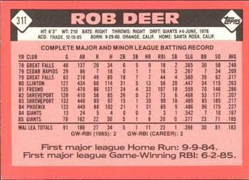 1986 Topps Traded - Limited Edition (Tiffany) #31T Rob Deer Back