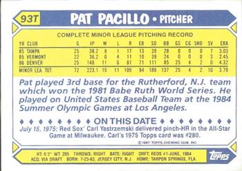 1987 Topps Traded - Limited Edition (Tiffany) #93T Pat Pacillo Back