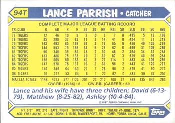 1987 Topps Traded - Limited Edition (Tiffany) #94T Lance Parrish Back