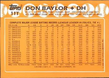1988 Topps Traded - Limited Edition (Tiffany) #11T Don Baylor Back