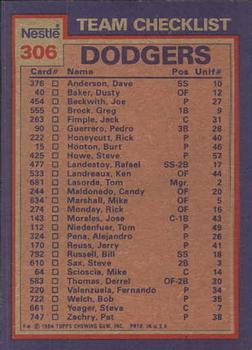 1984 Topps Nestle #306 Dodgers Leaders / Checklist (Pedro Guerrero / Bob Welch) Back