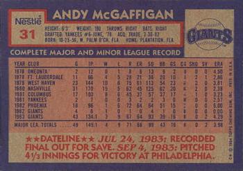 1984 Topps Nestle #31 Andy McGaffigan Back