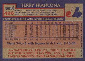1984 Topps Nestle #496 Terry Francona Back