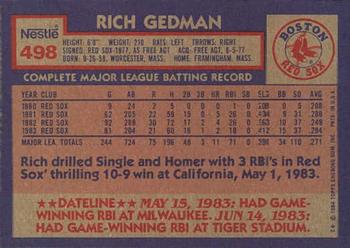 1984 Topps Nestle #498 Rich Gedman Back