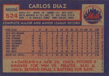 1984 Topps Nestle #524 Carlos Diaz Back