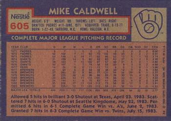 1984 Topps Nestle #605 Mike Caldwell Back