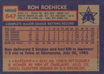 1984 Topps Nestle #647 Ron Roenicke Back