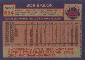 1984 Topps Nestle #654 Bob Bailor Back
