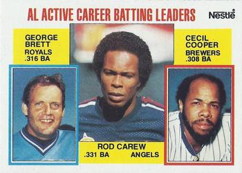 1984 Topps Nestle #710 AL Active Career Batting Leaders (Rod Carew / George Brett / Cecil Cooper) Front