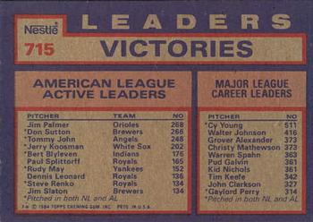 1984 Topps Nestle #715 AL Active Career Victory Leaders (Jim Palmer / Don Sutton / Tommy John) Back