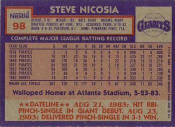 1984 Topps Nestle #98 Steve Nicosia Back