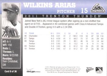 2011 MultiAd Trenton Thunder SGA #8 Wilkins Arias Back