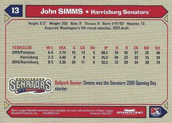 2017 Grandstand Harrisburg Senators #NNO John Simms Back