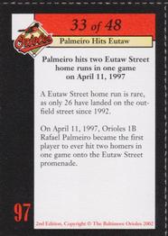 2002 Baltimore Orioles Greatest Moments of Oriole Park at Camden Yards #33 Rafael Palmeiro Back