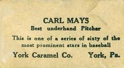 1927 York Caramel (E210) (Type 2) #17 Carl Mays Back