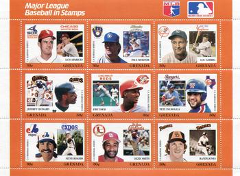 1988 Grenada Baseball Stamps - Sheets #NNO Luis Aparicio / Paul Molitor / Lou Gehrig / Jeffrey Leonard / Eric Davis / Pete Incaviglia / Steve Rogers / Ozzie Smith / Randy Jones Front