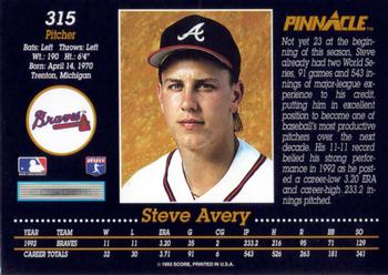 1993 Pinnacle #315 Steve Avery Back