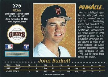 1993 Pinnacle #375 John Burkett Back