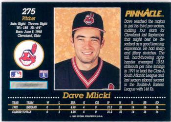 1993 Pinnacle #275 Dave Mlicki Back