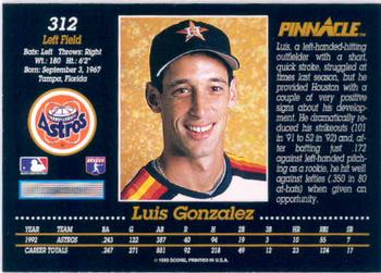 1993 Pinnacle #312 Luis Gonzalez Back