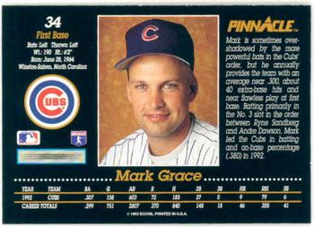 1993 Pinnacle #34 Mark Grace Back