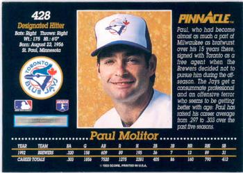 1993 Pinnacle #428 Paul Molitor Back