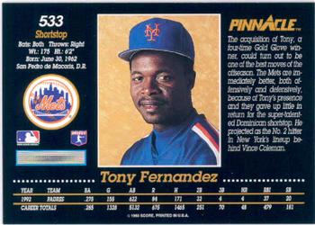 1993 Pinnacle #533 Tony Fernandez Back
