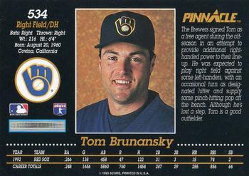 1993 Pinnacle #534 Tom Brunansky Back