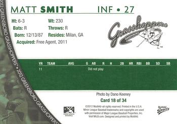 2012 MultiAd Greensboro Grasshoppers #18 Matt Smith Back