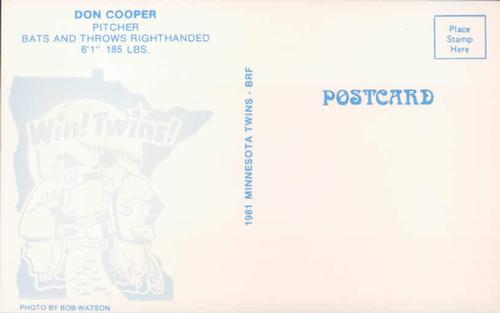 1981 Minnesota Twins Postcards - Facsimile Signatures #NNO Don Cooper Back