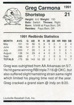 1991 Louisville Redbirds #21 Greg Carmona Back