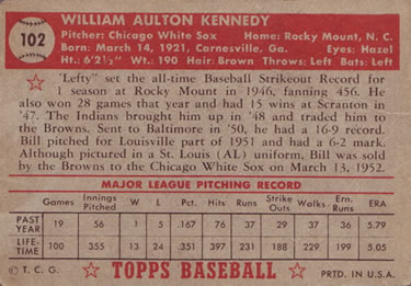 1952 Topps #102 Bill Kennedy Back
