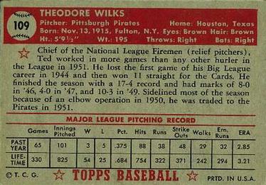 1952 Topps #109 Ted Wilks Back