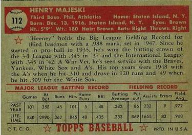 1952 Topps #112 Hank Majeski Back
