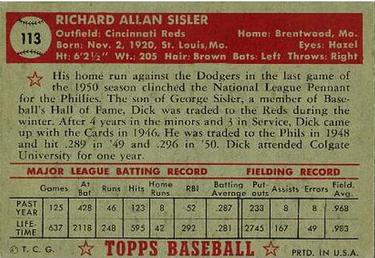 1952 Topps #113 Dick Sisler Back