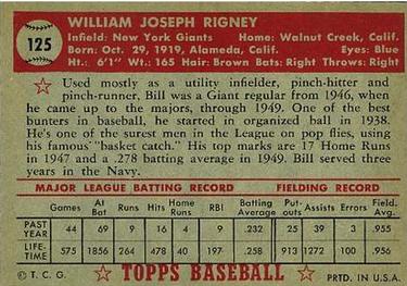 1952 Topps #125 Bill Rigney Back