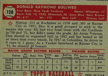 1952 Topps #128 Don Bollweg Back