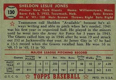 1952 Topps #130 Sheldon Jones Back