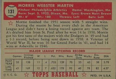 1952 Topps #131 Morrie Martin Back