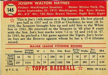 1952 Topps #145 Joe Haynes Back