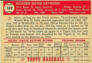 1952 Topps #149 Dick Kryhoski Back
