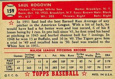 1952 Topps #159 Saul Rogovin Back