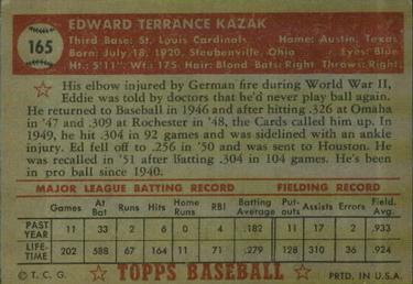 1952 Topps #165 Eddie Kazak Back