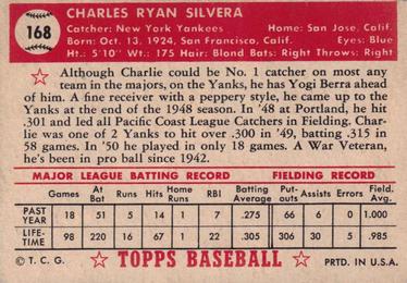 1952 Topps #168 Charlie Silvera Back