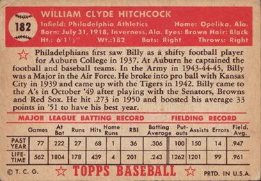 1952 Topps #182 Billy Hitchcock Back