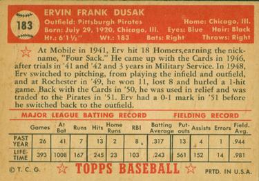 1952 Topps #183 Erv Dusak Back