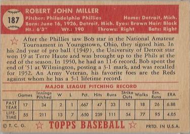 1952 Topps #187 Bob Miller Back